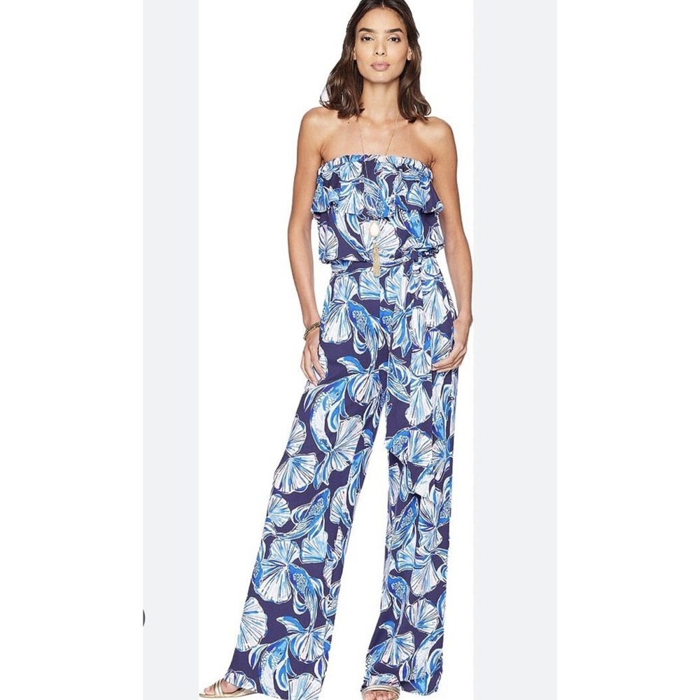 NWT Lilly Pulitzer Aleatha Jumpsuit Size L Bright Navy In Reel Life Strapless